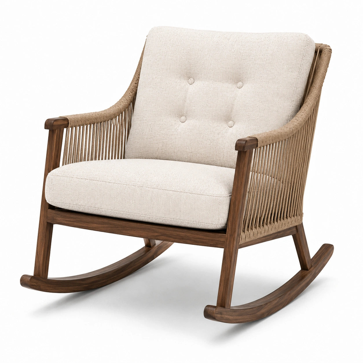 Schaukelstuhl aus Holz mit Textilbezug und Kordelgeflecht, Beige und Braun, 76 × 92 × 94 cm