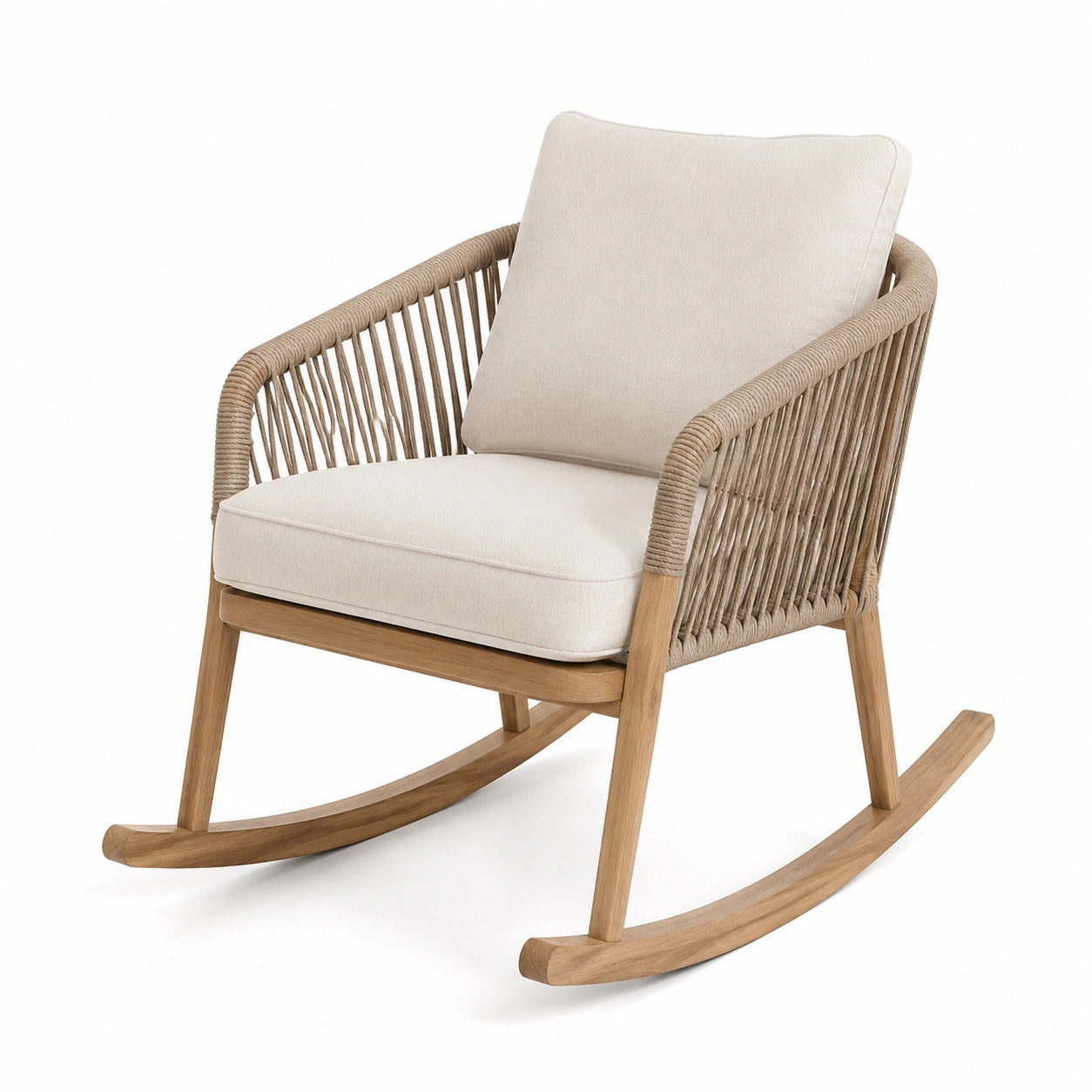 Moderner Schaukelstuhl aus Holz mit Seilgeflecht und Polsterung, Beige/Natur, 90 × 75 × 90 cm