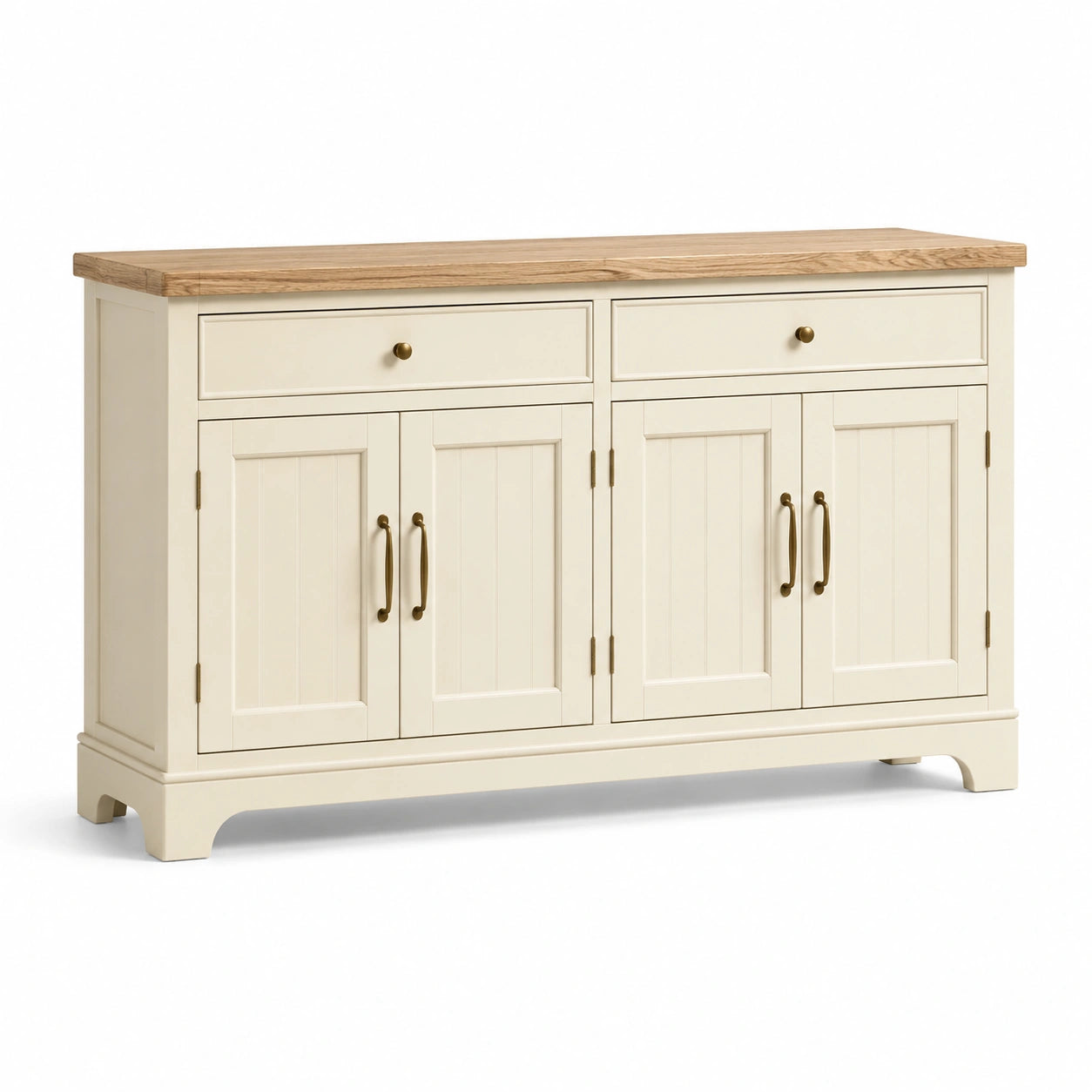 Sideboard im Landhausstil, 140 × 40 × 90 cm, Creme und Naturholz, mit 2 Schubladen und 4 Türen