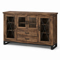 Vitrinenschrank im Industrialstil, 180 × 45 × 110 cm, Holz, Glas und Metall, Braun-Schwarz, 4 Türen und 2 Schubladen