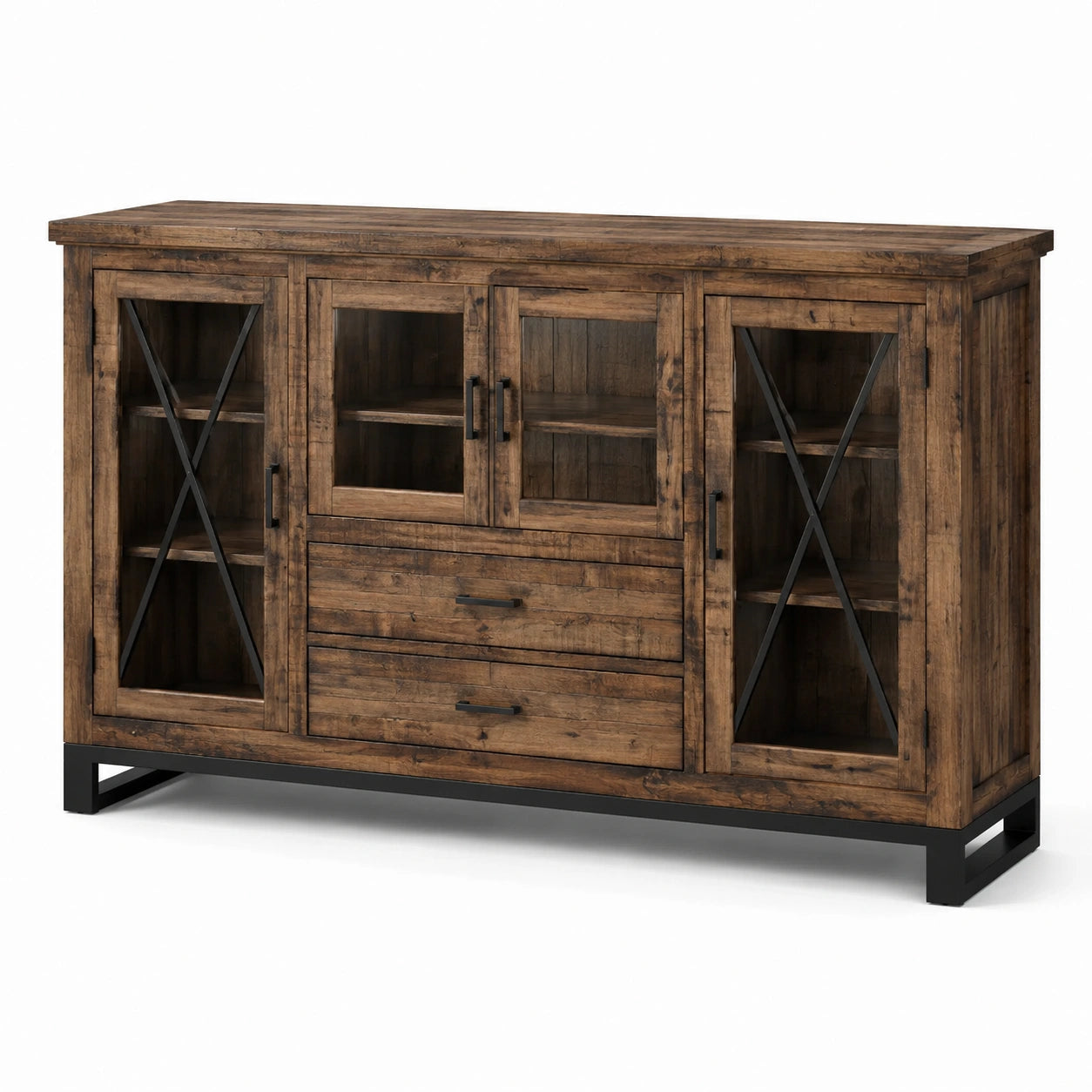 Vitrinenschrank im Industrialstil, 180 × 45 × 110 cm, Holz, Glas und Metall, Braun-Schwarz, 4 Türen und 2 Schubladen