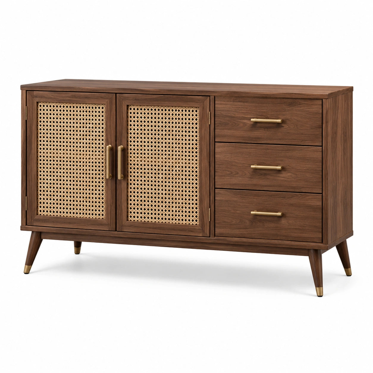 Sideboard aus Holzwerkstoff mit Rattangeflecht, Dunkelbraun/Natur/Gold, 140 × 40 × 80 cm, 3 Schubladen und 2 Türen
