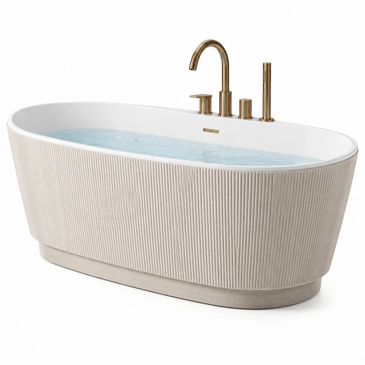 Freistehende Acryl-Badewanne, 170 × 80 × 60 cm, oval, Weiß/Beige mit goldfarbener Armatur und geriffelter Verkleidung