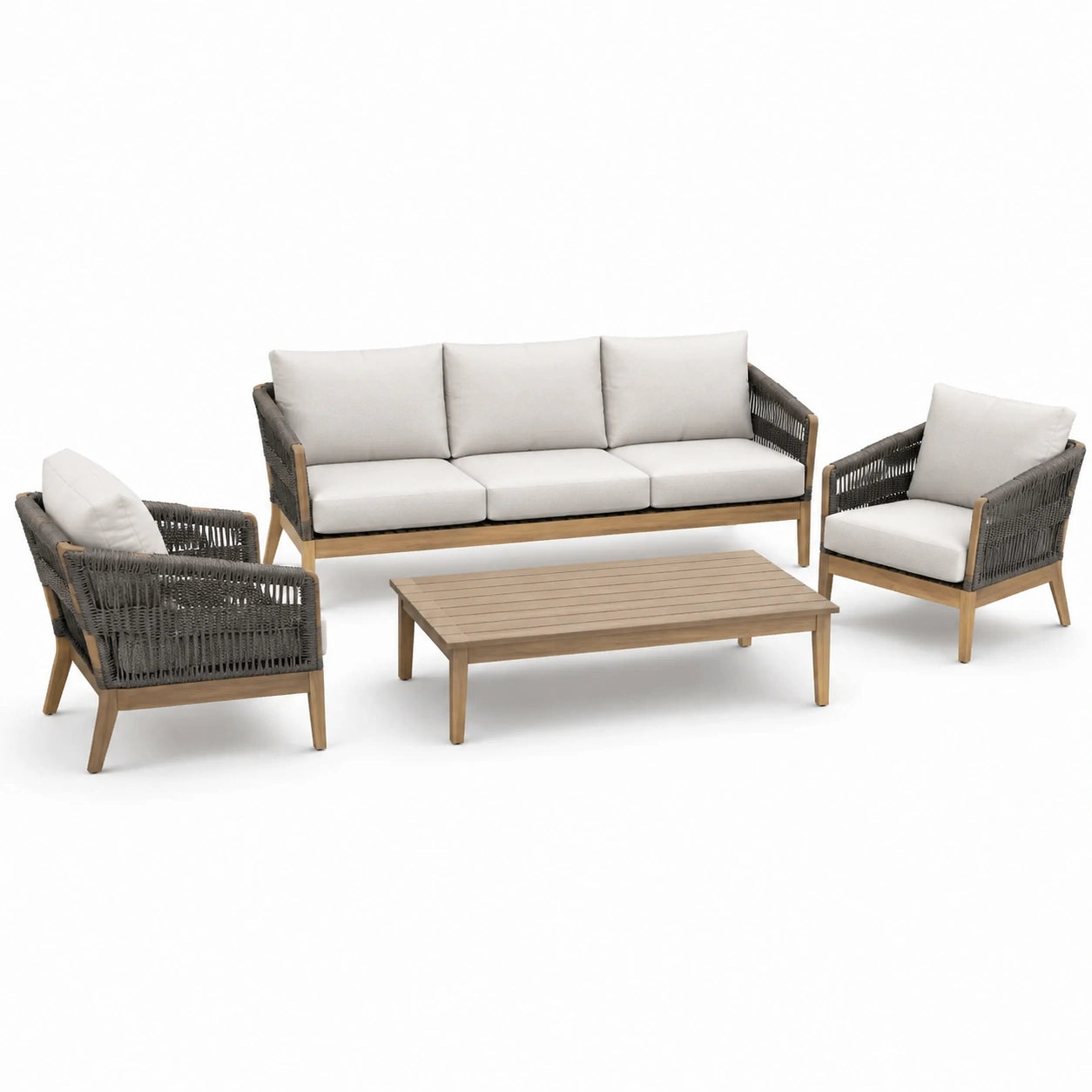 4-teiliges Gartenmöbel-Set mit 3-Sitzer-Sofa 190 × 78 × 78 cm, 2 Sesseln 78 × 78 × 78 cm und Couchtisch 120 × 65 × 38 cm, Naturbraun, Anthrazit und Creme