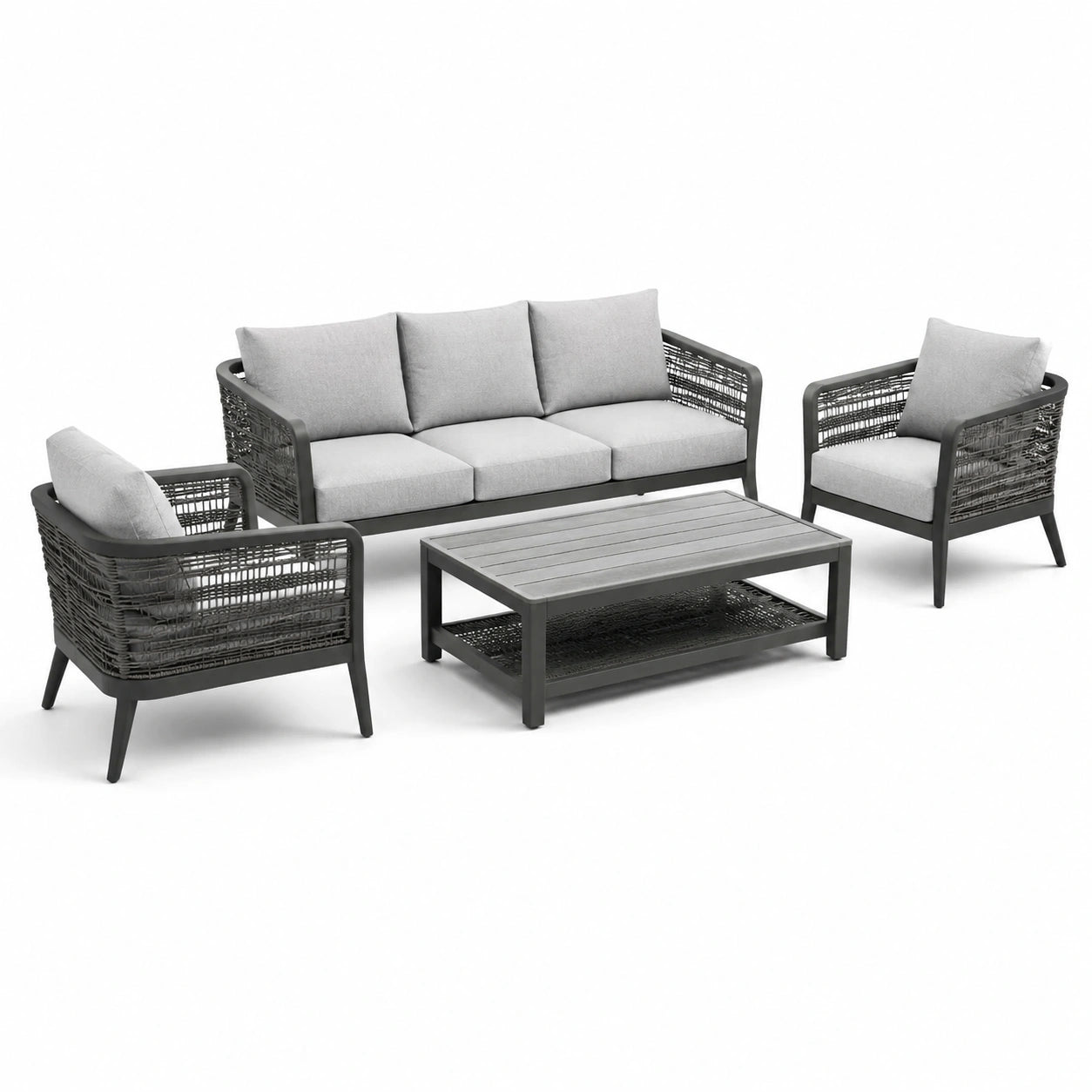 4-teiliges Gartenmöbel-Set für 5 Personen, Dunkelgrau/Hellgrau, Sofa 190 × 75 × 78 cm, Sessel 75 × 75 × 78 cm, Tisch 110 × 60 × 45 cm