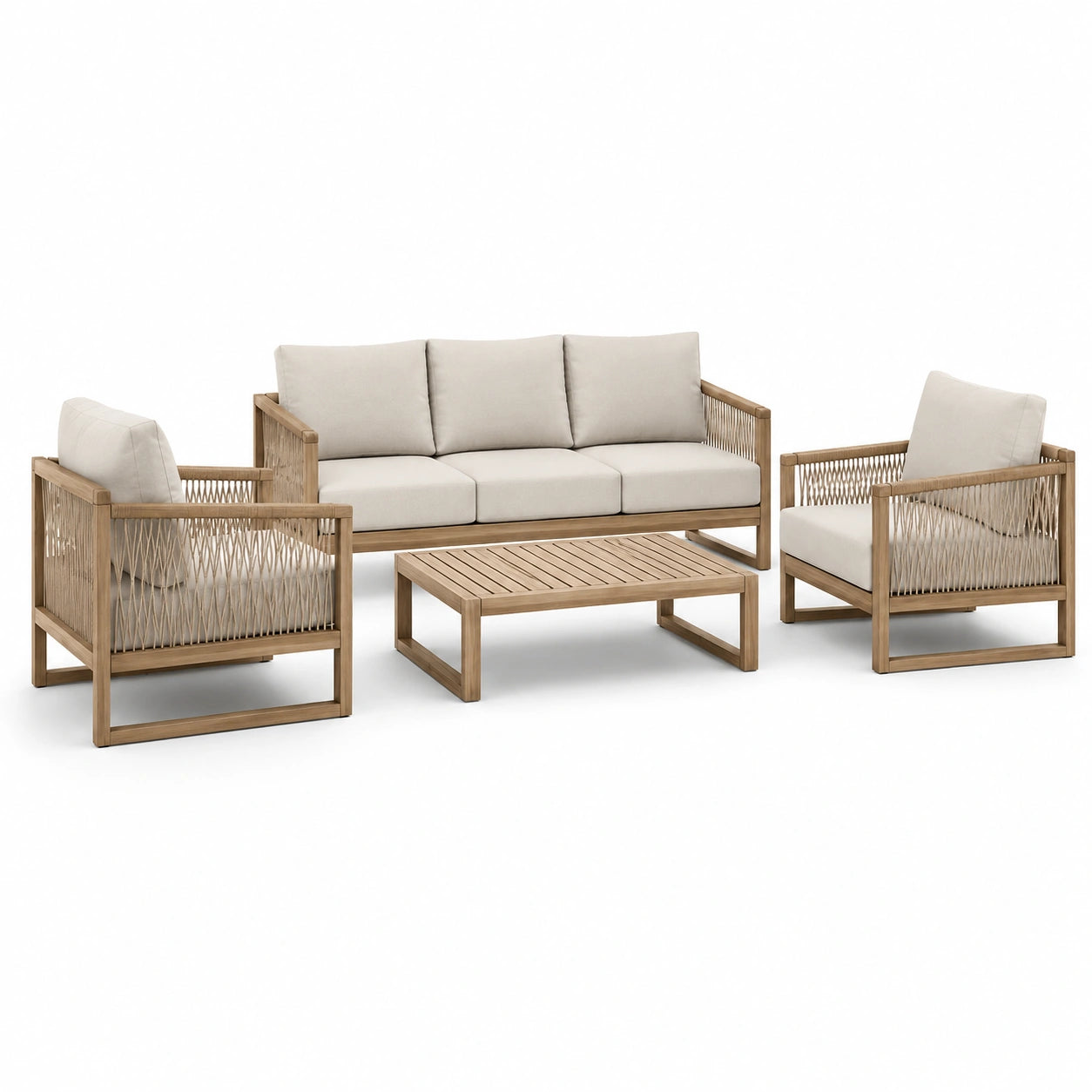 4-teiliges Gartenmöbel-Set aus Holz und Seilgeflecht in Natur und Beige – Dreisitzer 190 × 76 × 76 cm, Sessel 72 × 76 × 76 cm, Tisch 100 × 60 × 38 cm