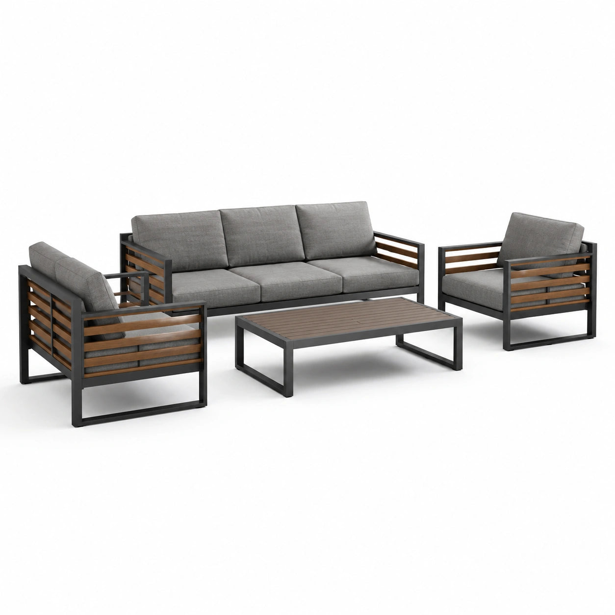 4-teiliges Gartenmöbel-Set mit Dreisitzer, 2 Sesseln und Couchtisch, Grau/Braun/Anthrazit, Sofa 190 × 78 × 76 cm, Sessel 75 × 78 × 76 cm, Tisch 110 × 60 × 40 cm