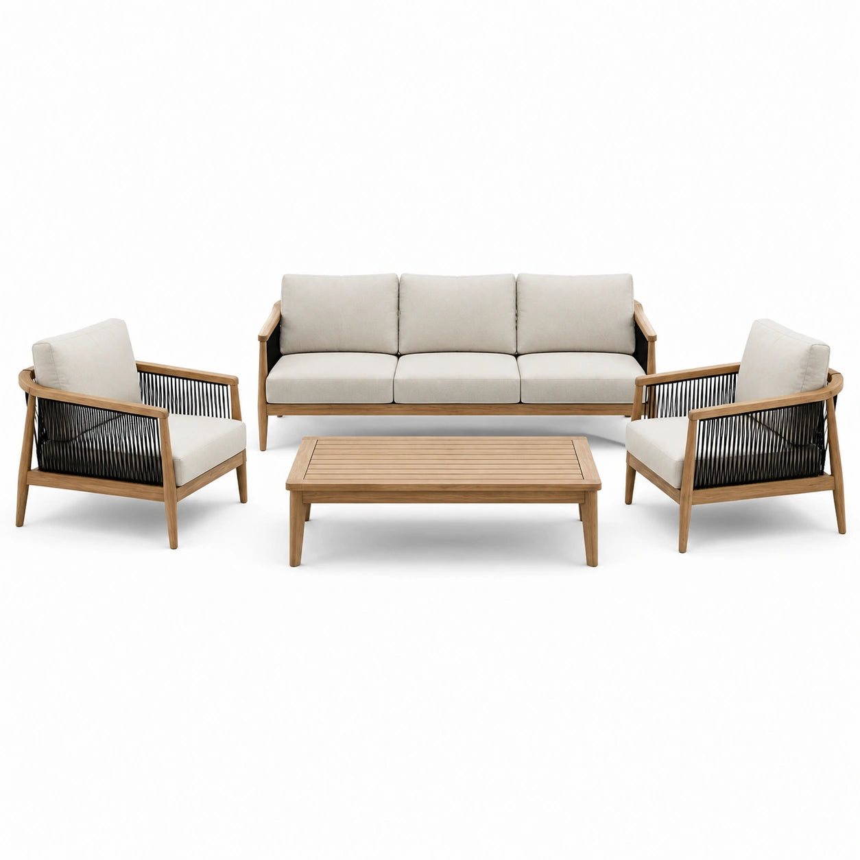 4-teilige Garten-Sitzgruppe in Natur, Beige und Schwarz – Sofa 190 × 78 × 78 cm, Sessel je 78 × 78 × 78 cm, Tisch 110 × 60 × 40 cm