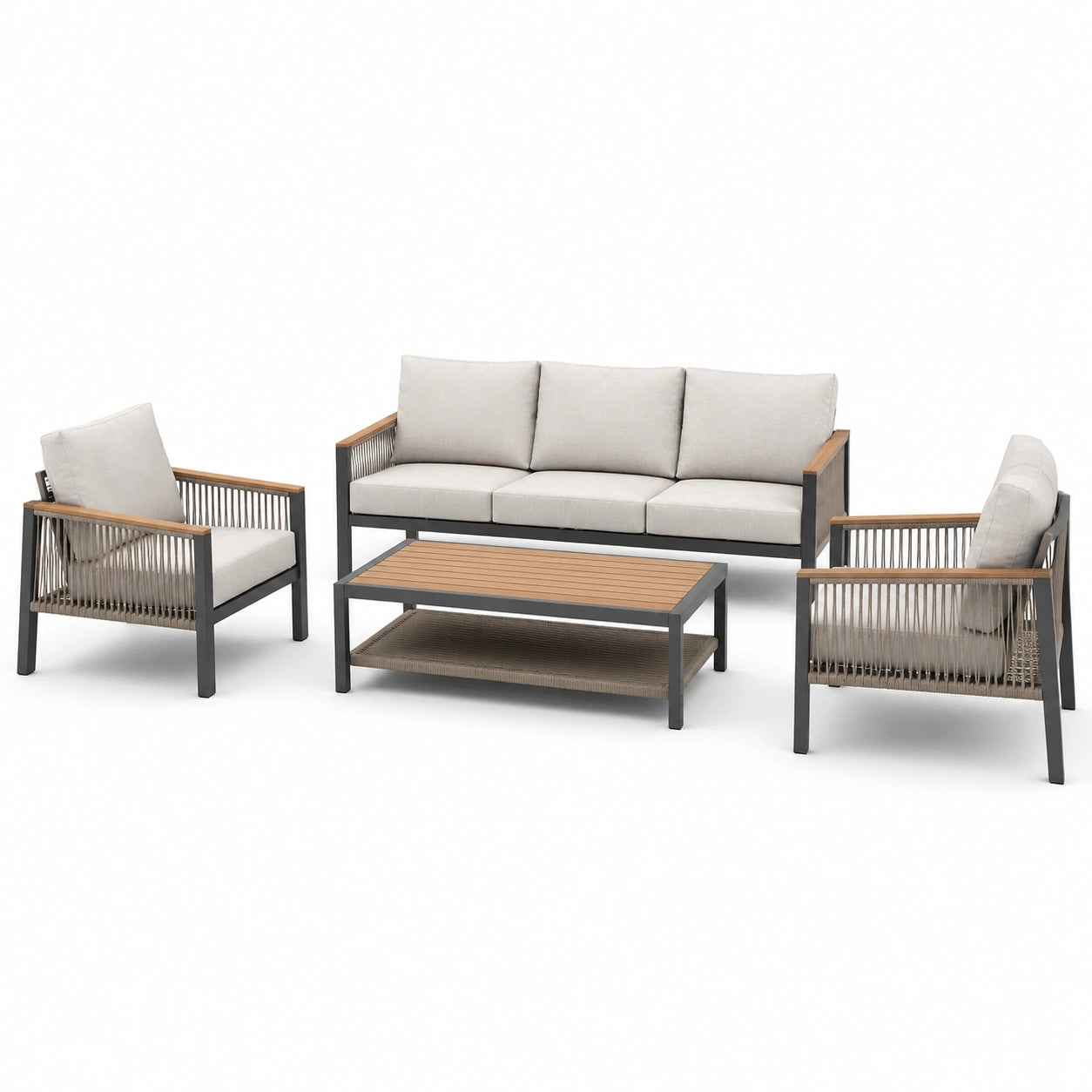 4-teiliges Gartenmöbel-Set mit 3-Sitzer-Sofa 190 × 78 × 78 cm, 2 Sesseln 73 × 78 × 78 cm und Tisch 110 × 60 × 45 cm, Anthrazit/Hellgrau/Braun