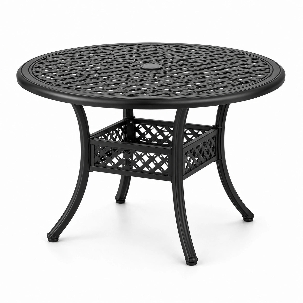 Runder Gartentisch aus Metall mit Gitterplatte, Schirmöffnung und Ablage, Schwarz, Ø 90 × 72 cm