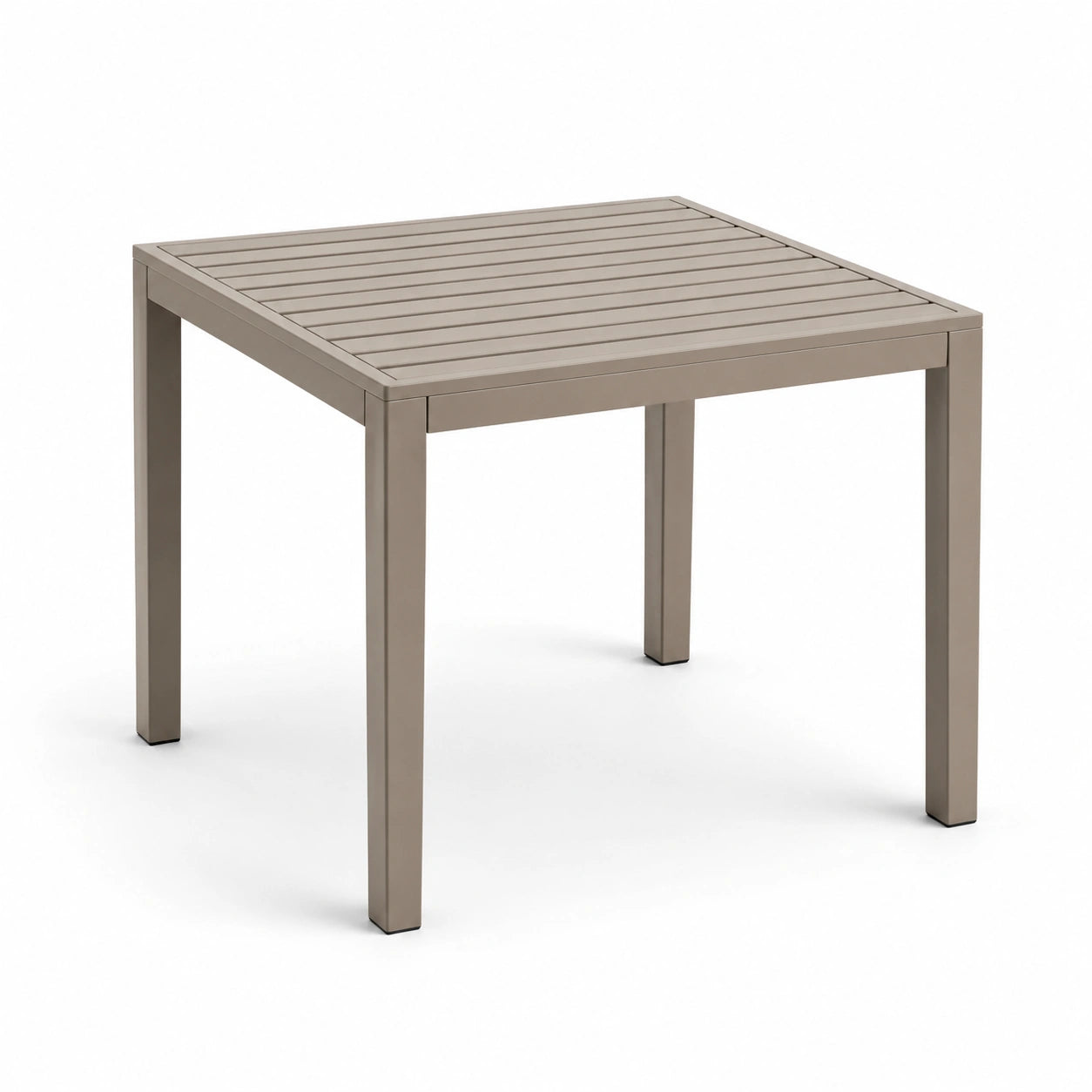 Quadratischer Gartentisch aus Metall in Taupe mit Lamellenplatte, 80 × 80 × 75 cm