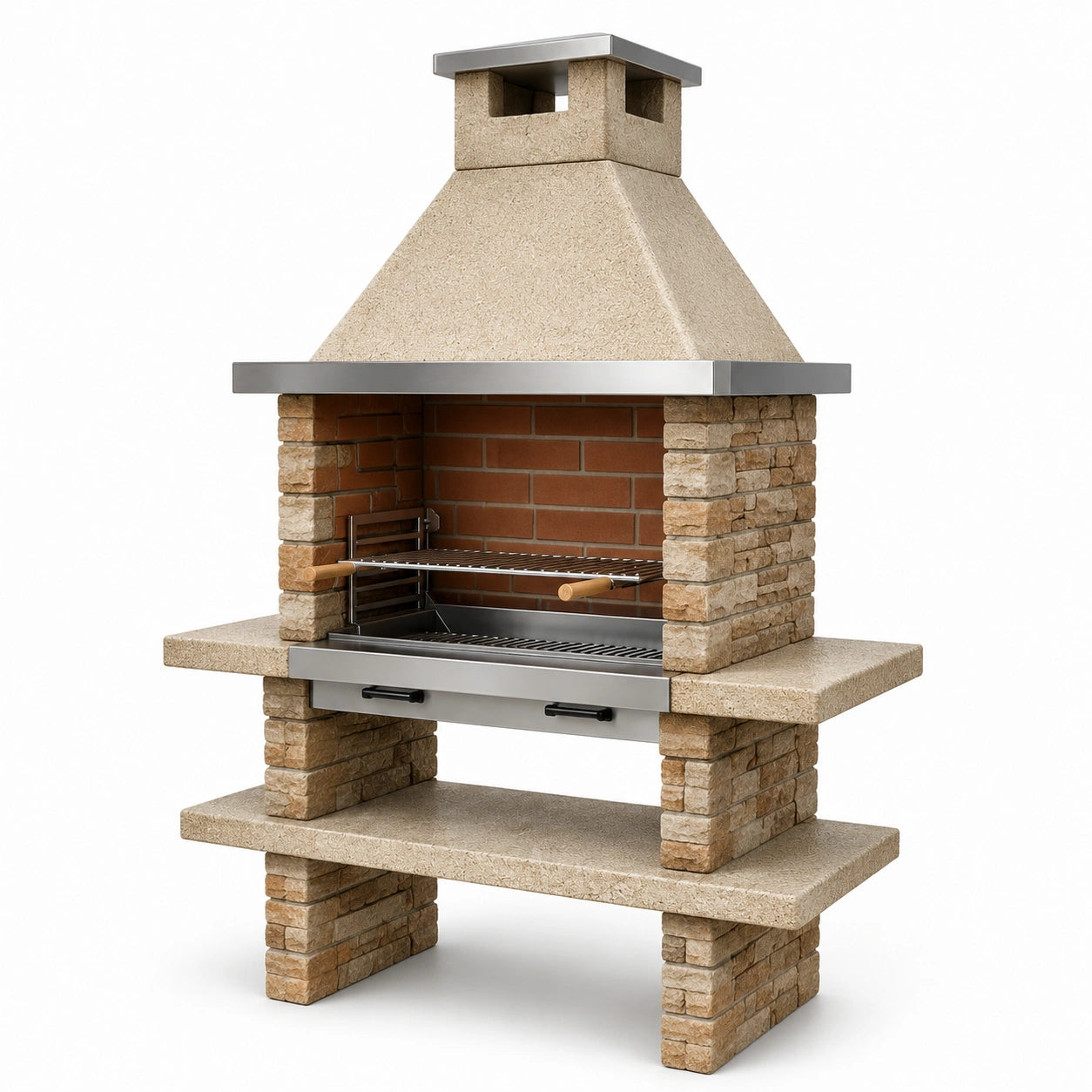 Grillkamin aus Stein und Edelstahl, 120 × 70 × 220 cm, Beige/Braun/Silber, mit höhenverstellbarem Grillrost