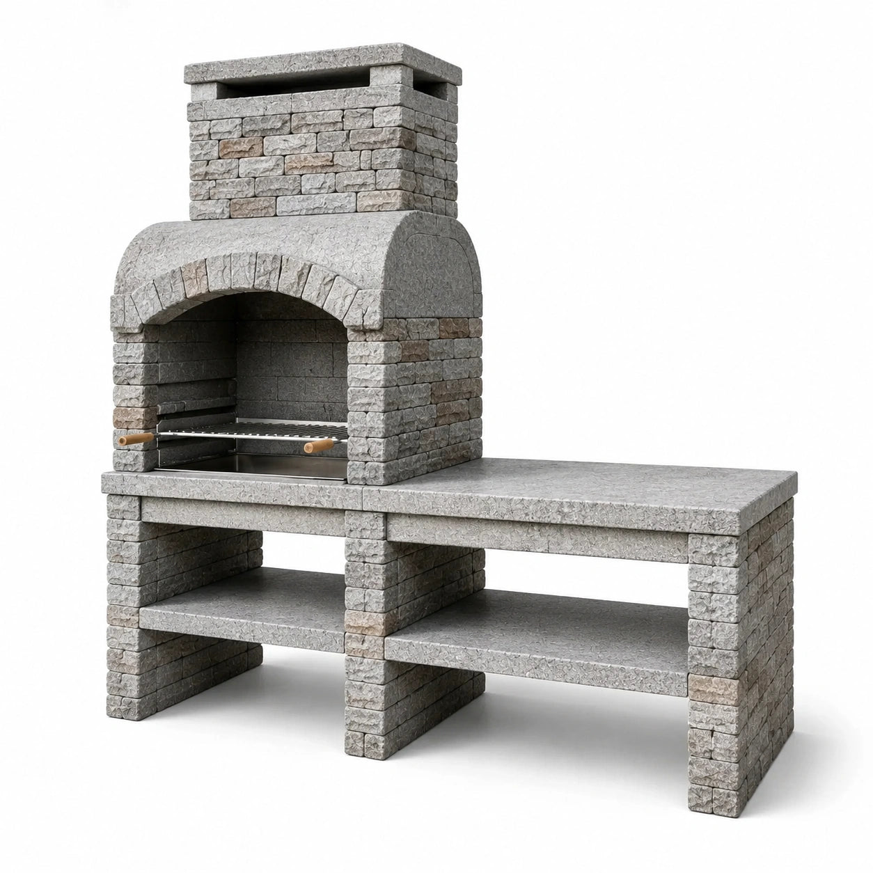 Grillkamin aus Betonwerkstein, Grau-Beige mit schwarzen und braunen Details, 200 × 60 × 220 cm, mit Grillrost, Arbeitsfläche und Ablagen