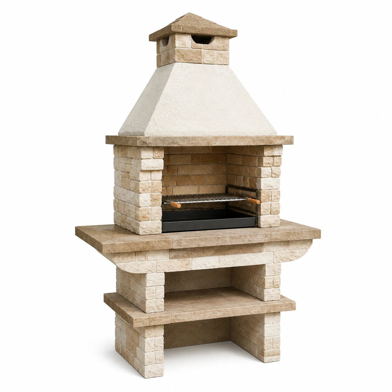 Gartengrill aus Betonwerkstein mit Kamin, Grillrost und Ablageflächen, 110 × 65 × 220 cm, Beige, Weiß, Schwarz und Braun