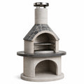 Freistehende Feuerstelle mit Kamin, höhenverstellbarem Grillrost und Ablagefläche, Beton, Stein und Metall, Hellgrau/Dunkelgrau/Silber, Ø 110 × H 230 cm