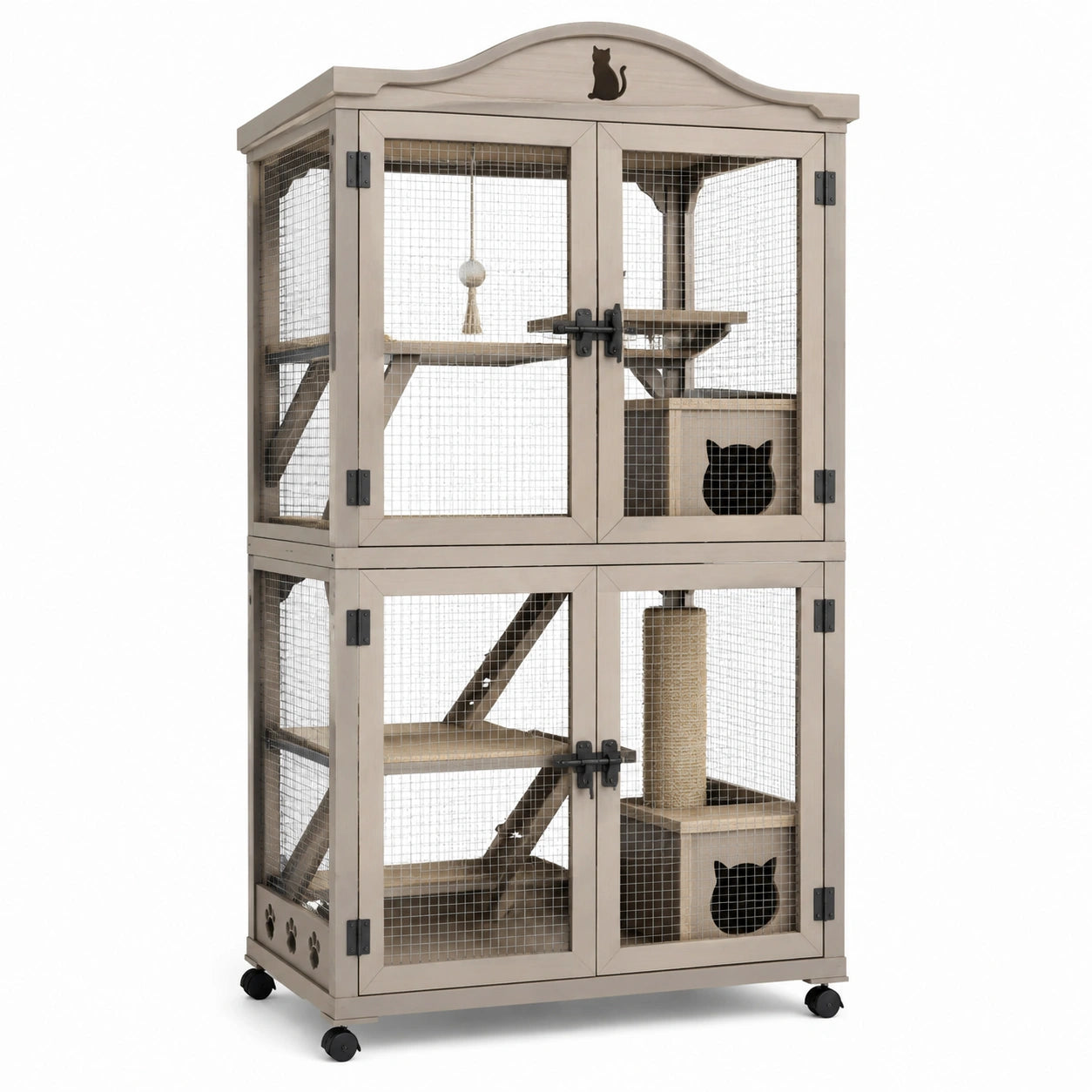Mehrstöckiges Katzengehege aus Holz und Metall mit Rollen, Beige/Schwarz, 90 × 60 × 180 cm