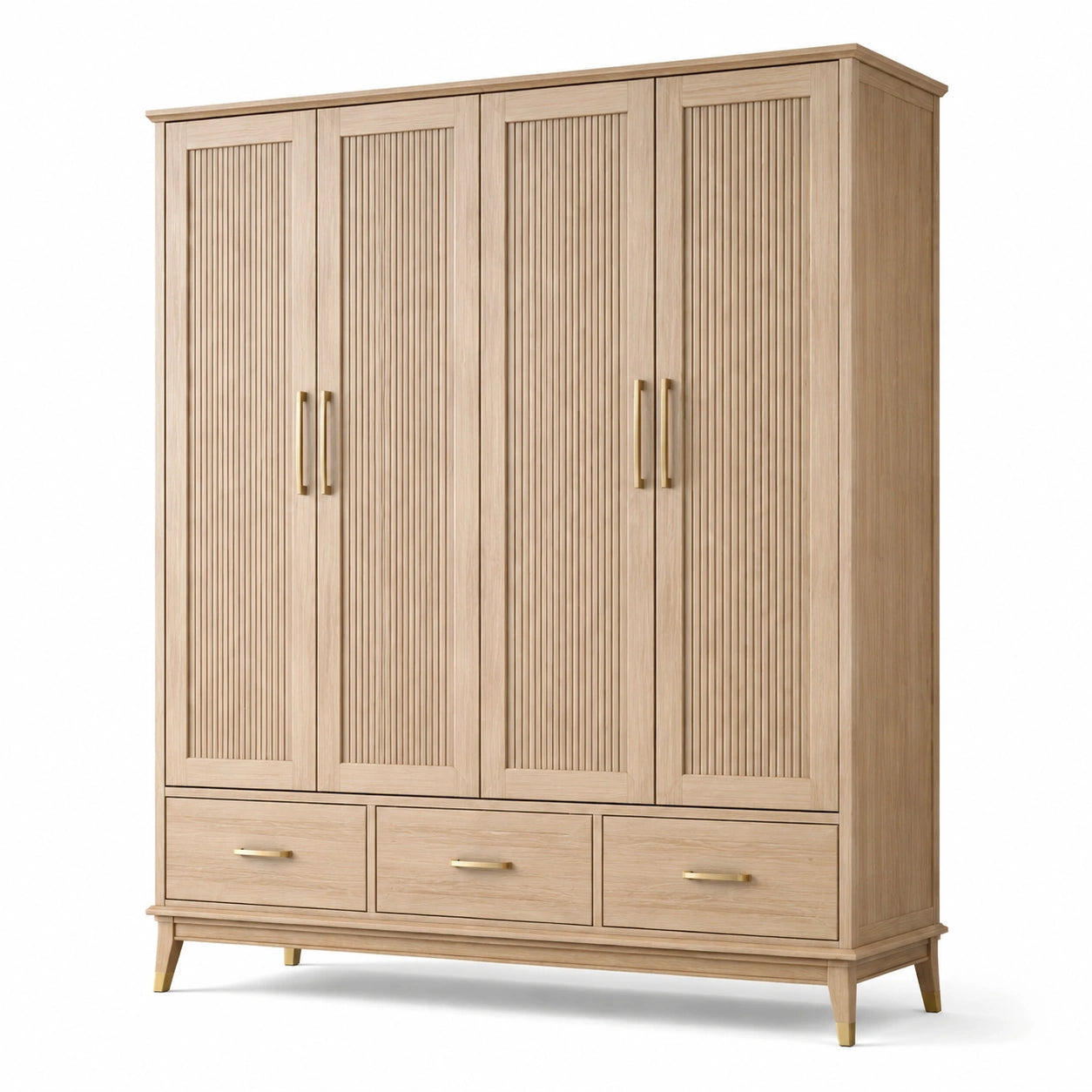 Kleiderschrank mit 4 Türen und 3 Schubladen, 200 × 60 × 220 cm, Naturholzfarben und Goldfarben, Landhausstil