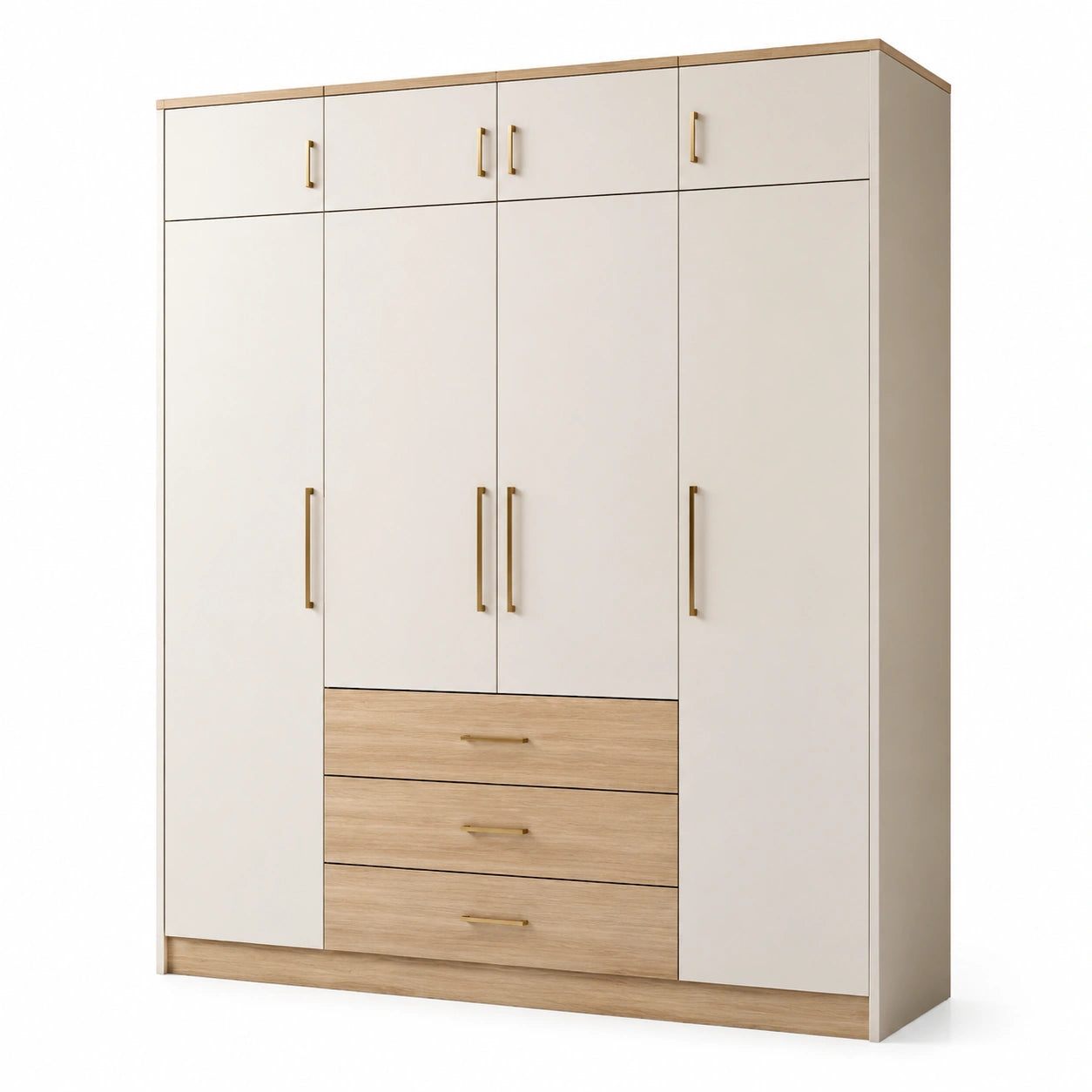 Moderner Kleiderschrank mit 8 Türen und 3 Schubladen, 200 × 52 × 220 cm, Cremeweiß und Eichefarben