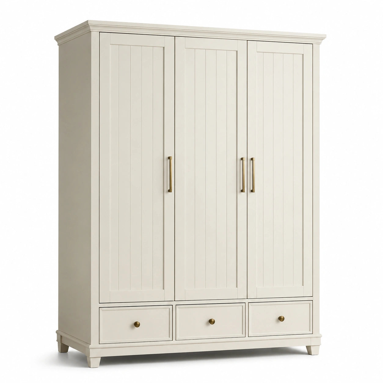 Kleiderschrank im Landhausstil, Cremeweiß, 150 × 55 × 200 cm, mit 3 Türen und 3 Schubladen