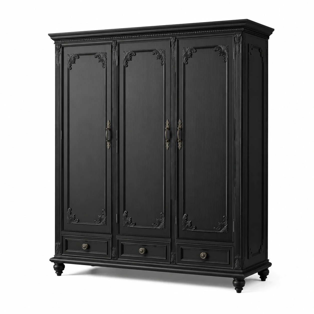 Kleiderschrank mit 3 Türen und 3 Schubladen, 180 × 60 × 210 cm, Schwarz und Altgold, klassischer Stil