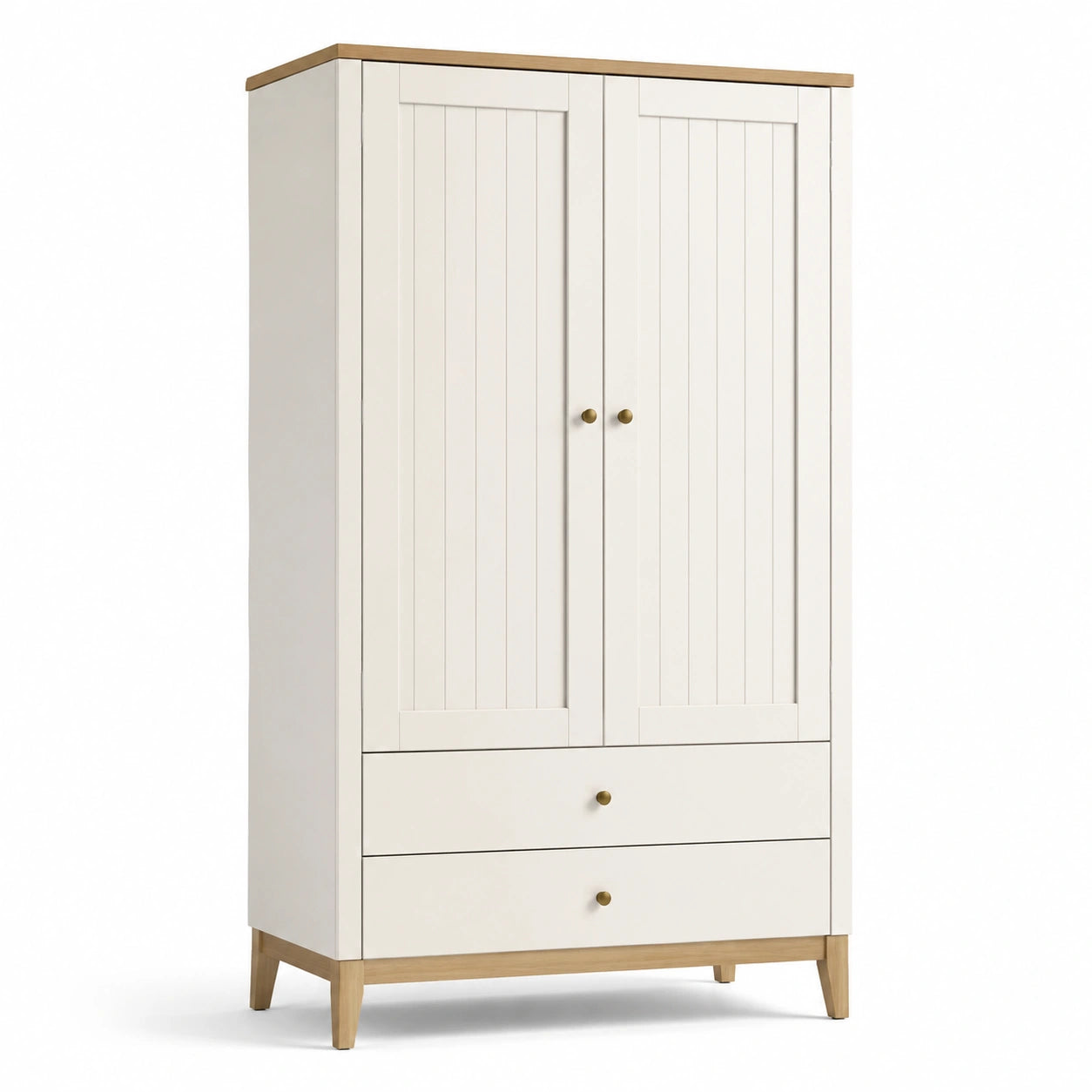 Kleiderschrank im Landhausstil mit 2 Türen und 2 Schubladen, 100 x 55 x 190 cm, Weiß und Eichefarben