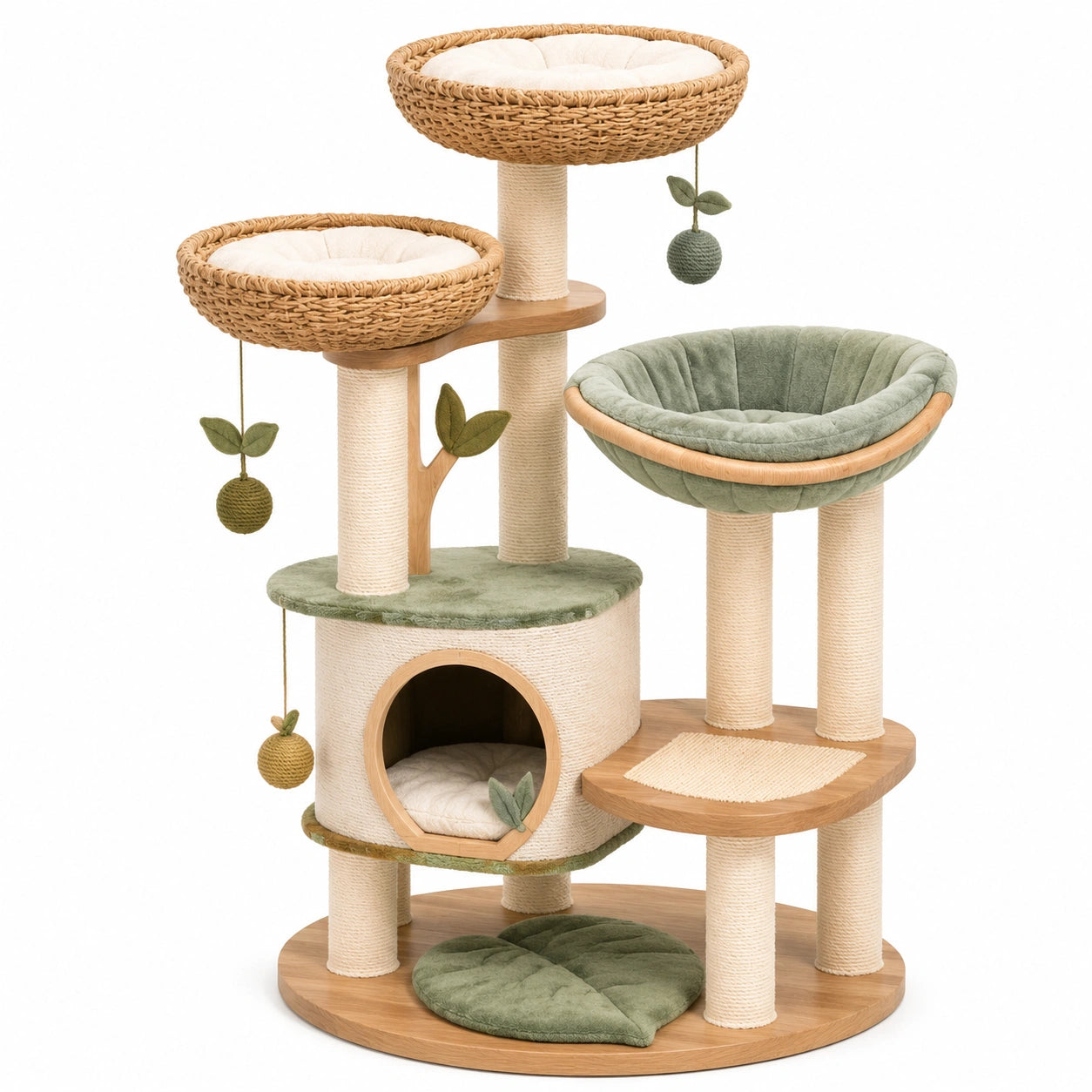 Mehrstöckiger Kratzbaum mit Katzenhöhle, Liegekörben und Kratzsäulen, 100 × 60 × 150 cm, Beige, Grün und Natur