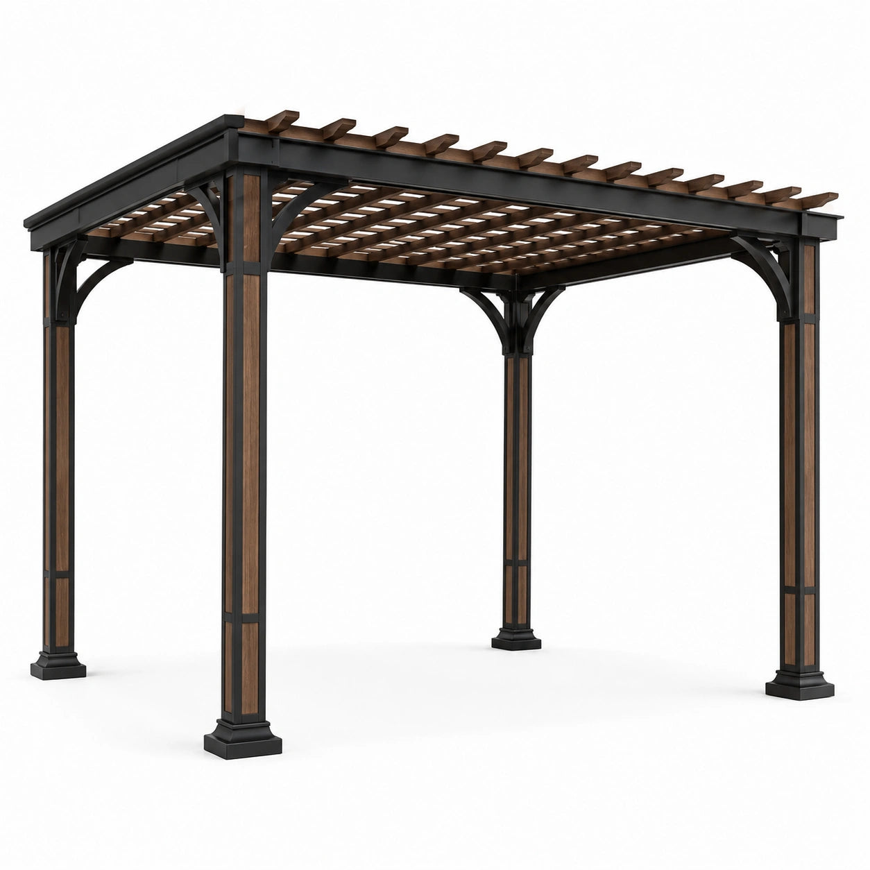 Freistehende Pergola aus Metall und Holz mit offenem Lamellendach, 400 × 300 × 270 cm, Schwarz/Braun