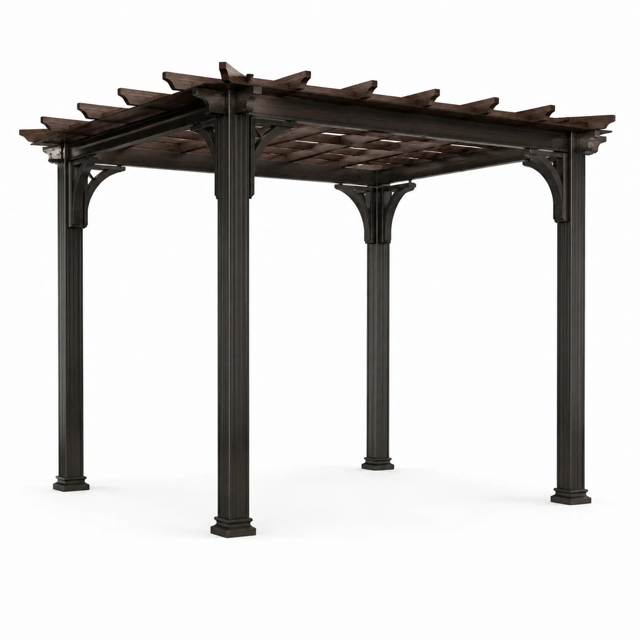 Dunkelbraune Holzpergola mit offenem Lamellendach, 300 × 300 × 250 cm